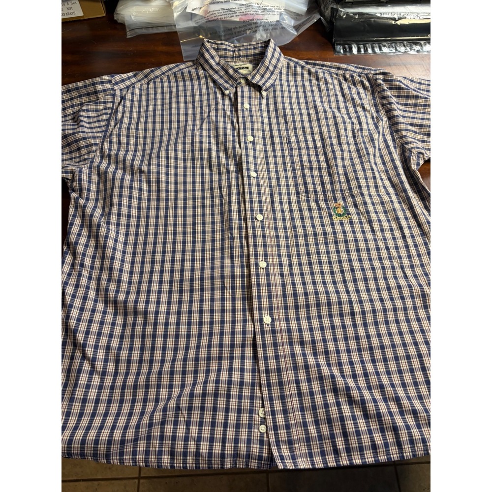 Wrangler Riata Mens XL Long Sleeve Plaid Button Down Shirt Blue Crest Logo